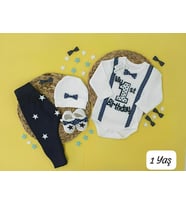 FURYA KIDS 1 Yaş Erkek Bebek Doğum Günü Hediyesi, Doğum Günü Kıyafeti 4'lü Set Pamuklu (Lacivert)