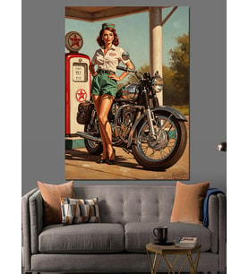 Benzin İstasyonunda Vintage Motosikletli Kadın Dekoratif Kanvas - Mdf Ahşap Tablo
