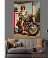 Benzin İstasyonunda Vintage Motosikletli Kadın Dekoratif Kanvas - Mdf Ahşap Tablo