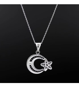 925 Ayar Gümüş Telkari El Işi Ay Yıldız Model Kolye Dgn21559
