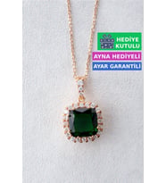 Jewelmim Yeşil Taşlı Gümüş Prenses Kolye Rose Altın Kaplama Kare Taşlı Kolye 925 Ayar Kadın Gümüş Kolye (Rose)