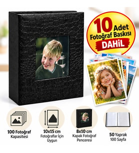10 Adet Fotoğraf Baskısı + 100'lü Deri Pencereli Fotoğraf Albümü – 10x15 cm