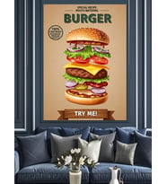 Lezzetli Hamburger Reklam Afişi Dekoratif Kanvas - Mdf Ahşap Tablo