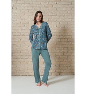 Kadın Önden Düğmeli Üst Kısmı Yaprak Desenli Uzun Kollu Pijama Takımı (Renksiz)