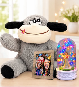 Kişiye Özel Fotoğraflı Renkli LED Işıklı Şans Melekli Fanus ve Peluş Eşek Sevgiliye Kadına Hediye