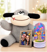 Kişiye Özel Fotoğraflı Renkli LED Işıklı Şans Melekli Fanus ve Peluş Eşek Sevgiliye Kadına Hediye