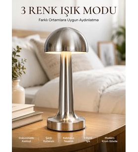 Modern Mantar Masa Lambası Dokunmatik 3 Işık Modlu Şarjlı Kablosuz LED Yeni Nesil