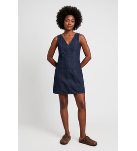 Kadın V Yaka Kolsuz Lacivert Mini Denim Elbise