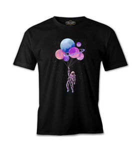 Flying with the Planets - Astronot Siyah Erkek Tshirt