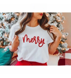 Yılbaşı Merry Christmas Baskılı Kısa Kollu Oversize Bisiklet Yaka T-shirt - Beyaz