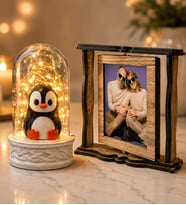 Kişiye Özel 2 Fotoğraflı Dönen Ahşap Çerçeve ve Led Işıklı Penguenli Fanus Hediye Seti