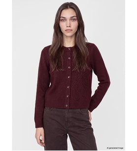 LCW Modest Bordo Bisiklet Yaka Çiçek Nakışlı Kadın Triko Hırka