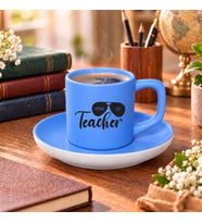 BK Gift Öğretmenlerin Kralı Tasarımlı Mat Mavi Türk Kahvesi Fincanı ve Tabağı