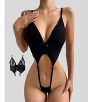 Intive Fantasy Transparan Çizgili Göbek Dekolteli Tanga Kesim Gecelik/Babydoll (Siyah)