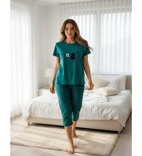 Mihra Kadın %100 Pamuk Bisiklet Yaka Kısa Kol KAPRİ  Pijama Takımı 90787P - 1 Adet