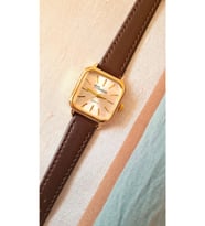 Retro Kadın Kol Saati, Vintage Tasarım, Minimal Tasarım, Gold Rengi, Koyu Kahve Kayış