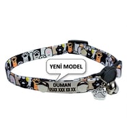 Gümüş Künyeli Isimli Kedi Tasması, Güvenlik Kilitli Tasma, Isimli Kedi Tasması, Gümüş Zımbalı Model (Gri - Siyah - Sarı)