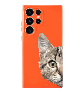 Samsung Galaxy S23 Ultra Uyumlu Lansman Kılıf Catface Tasarımlı İçi Kadife Kapak-Turuncu (Şeffaf)