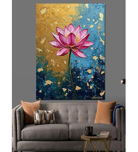 Çiçekli Lotus Mavi Desen Dekoratif Kanvas - Mdf Ahşap Tablo