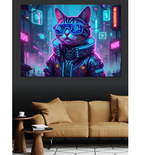 Neon Işıklı Kedi Portresi Dekoratif Kanvas - Mdf Ahşap Tablo