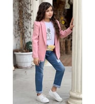Kız Çocuk Üzeri Harf Pulpayet Tişört ve Jean Pudra Blazer Ceket Alt Üst Takım