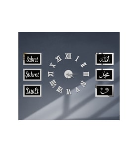 3D Saat, Sabret, Şükret , Dua et Duvar Panosu Gümüş Siyah - Beyaz