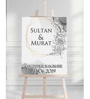 Söz Nişan Düğün İçin 50x70 Karşılama Panosu - Gri Çiçek Desenli