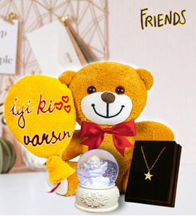 İyi Ki Varsın Balonlu Peluş Ayıcık Masum Melek Kar Küresi & Yıldız Kolye