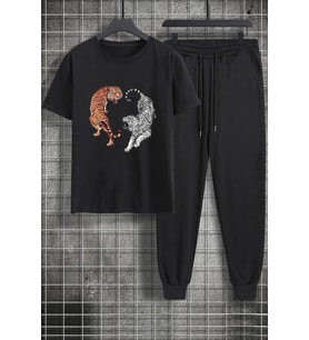 Unisex Tiger Baskılı 2'li Eşofman Takımı (Siyah)