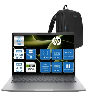 HP Zbook 8 G1I Intel Core Ultra 7 255H 64GB Ddr5 2tb SSD 4GB/RTXA500 14" Wuxga Düşük Mavi Işık 300NIT %62,5 Srgb Windows 11 Pro Taşınabilir Iş Istasyonu B30HBESP23 + Zettaçanta