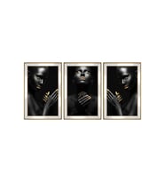 Altın Makyajlı Afrikalı Kadın Temalı 3 lü Kanvas Tablo Seti 150 x 70 cm Gold Çerçeve