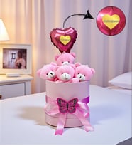 Seni Seviyorum Kalpli Balonlu Pembe Peluş Ayıcık Buketi Silindir Hediye Kutusunda Ayıcıklar