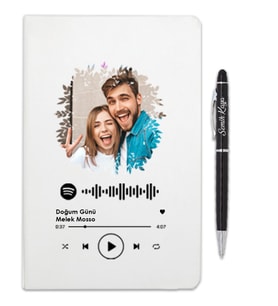 Sevgililer Gününe Özel Spotify Barkodlu Kişiye Özel Defter Ve Tükenmez Kalem Hediye Seti (Beyaz)