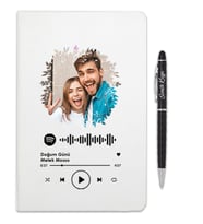 Sevgililer Gününe Özel Spotify Barkodlu Kişiye Özel Defter Ve Tükenmez Kalem Hediye Seti (Beyaz)