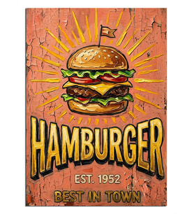 HAMBURGER Best In Town Yazılı Retro Poster Dekoratif Kanvas - Mdf Ahşap Tablo