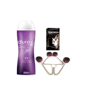 Durex Aloe Veralı 2in1 Masaj&Kayganlaştırıcılı Jel + Kırmızı Deri El&Ayak Kelepçesi + Hediye