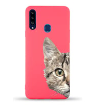 Samsung Galaxy A20s Uyumlu Lansman Kılıf Catface Tasarımlı İçi Kadife Kapak-Neon Pembe (Şeffaf)