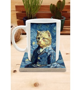 Kediler ve Sanat/Van Gogh Yıldızlı Gece The Starry Night Set 8 - Standart Kupa-Taş Bardak Altlığı 5