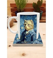 Kediler ve Sanat/Van Gogh Yıldızlı Gece The Starry Night Set 8 - Standart Kupa-Taş Bardak Altlığı 5