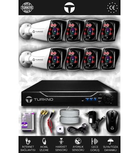 TURKNO 8 Kameralı Karia 8 Dış Kamera Set HDD'siz Full HD Gece Görüşlü Güvenlik Kamerası Sistemi