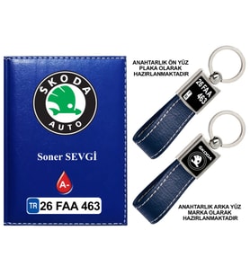 Plakanıza Özel Skoda Logolu Lacivert Ruhsat Kabı ve Anahtarlık