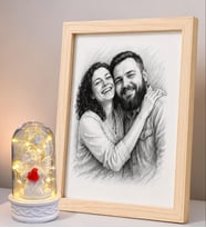 Kişiye Özel Karakalem Fotoğraflı Ahşap Çerçeve ve Led Işıklı Beyaz Melek Fanus Hediye Seti