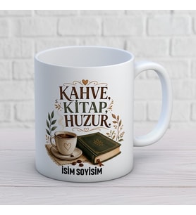 Kişiye Özel Kitap Sever Tasarımlı Kahve Kitap Huzur İsimli Seramik Kupa