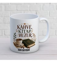 Kişiye Özel Kitap Sever Tasarımlı Kahve Kitap Huzur İsimli Seramik Kupa