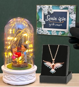 Renkli Zümrüdü Anka Kuşu Kolye ve Led Işıklı Fanus Hediye Seti (Model 4)