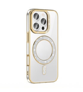 iPhone 16 Pro Max Kılıf Pırlanta Taş Tasarımlı M-safe Şarj Özellikli Karetta Silikon Kılıf (Gold)