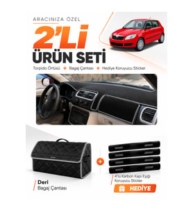e-biz SKODA FABİA (2007-2014) Uyumlu Torpido Örtüsü + Deri Bagaj Çantası Seti - Siyah-Gri - SK002