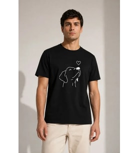 Erkek Köpek Figürlü Minimal Baskılı Tişört Kısa Kol Yazlık T-Shirt - Siyah