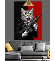 Tüfek Tutan Kedi Karikatürü Dekoratif Kanvas - Mdf Ahşap Tablo