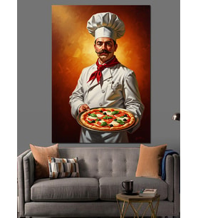 Pizza Tutan Gülen İtalyan Şef Dekoratif Kanvas - Mdf Ahşap Tablo